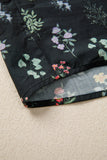 Black Floral Contrast Trim Frilled Neck Ruffled Short Sleeve Blouse