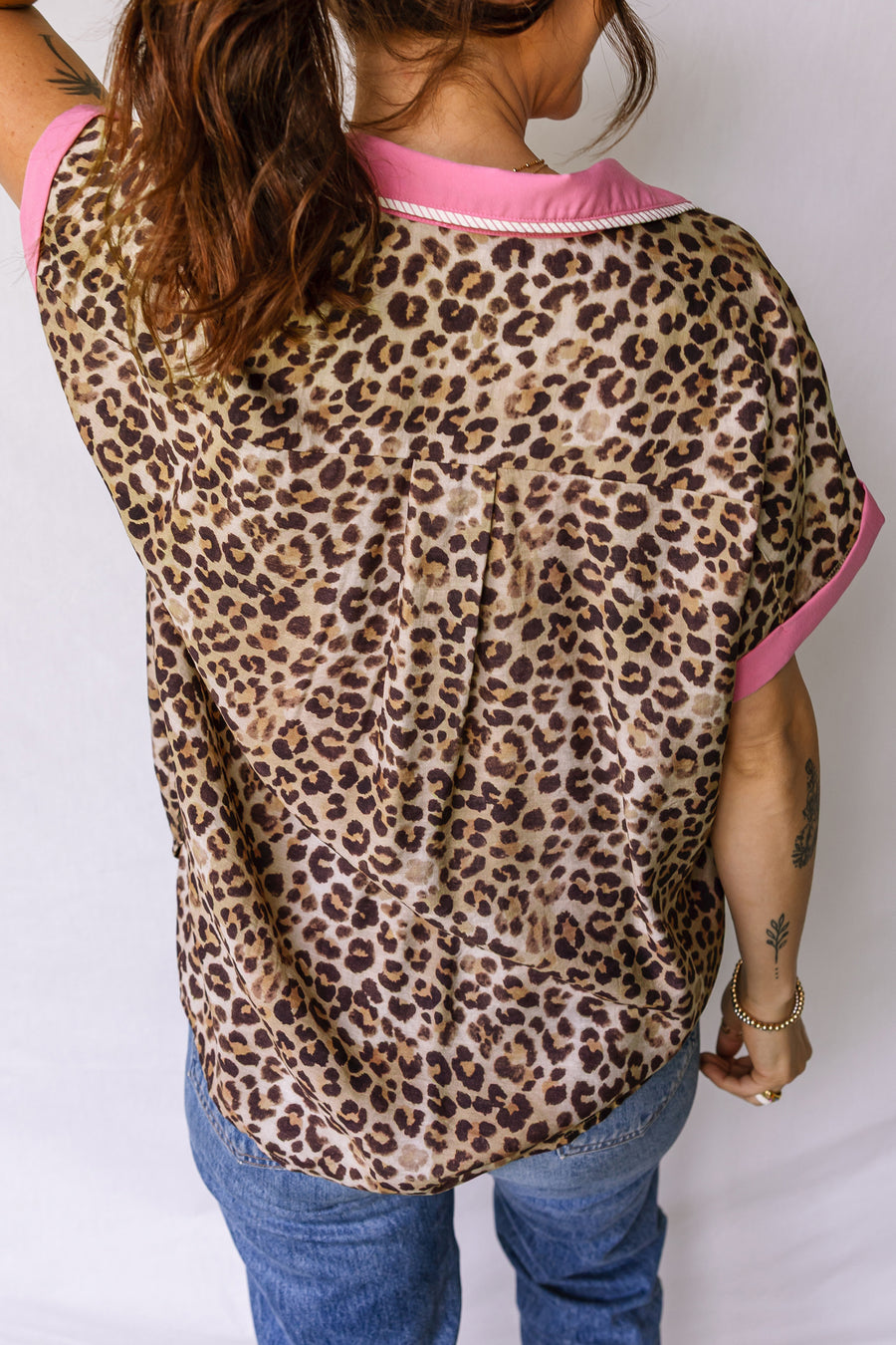 Leopard Print Contrast Trim Short Sleeve Button-Up Shirt