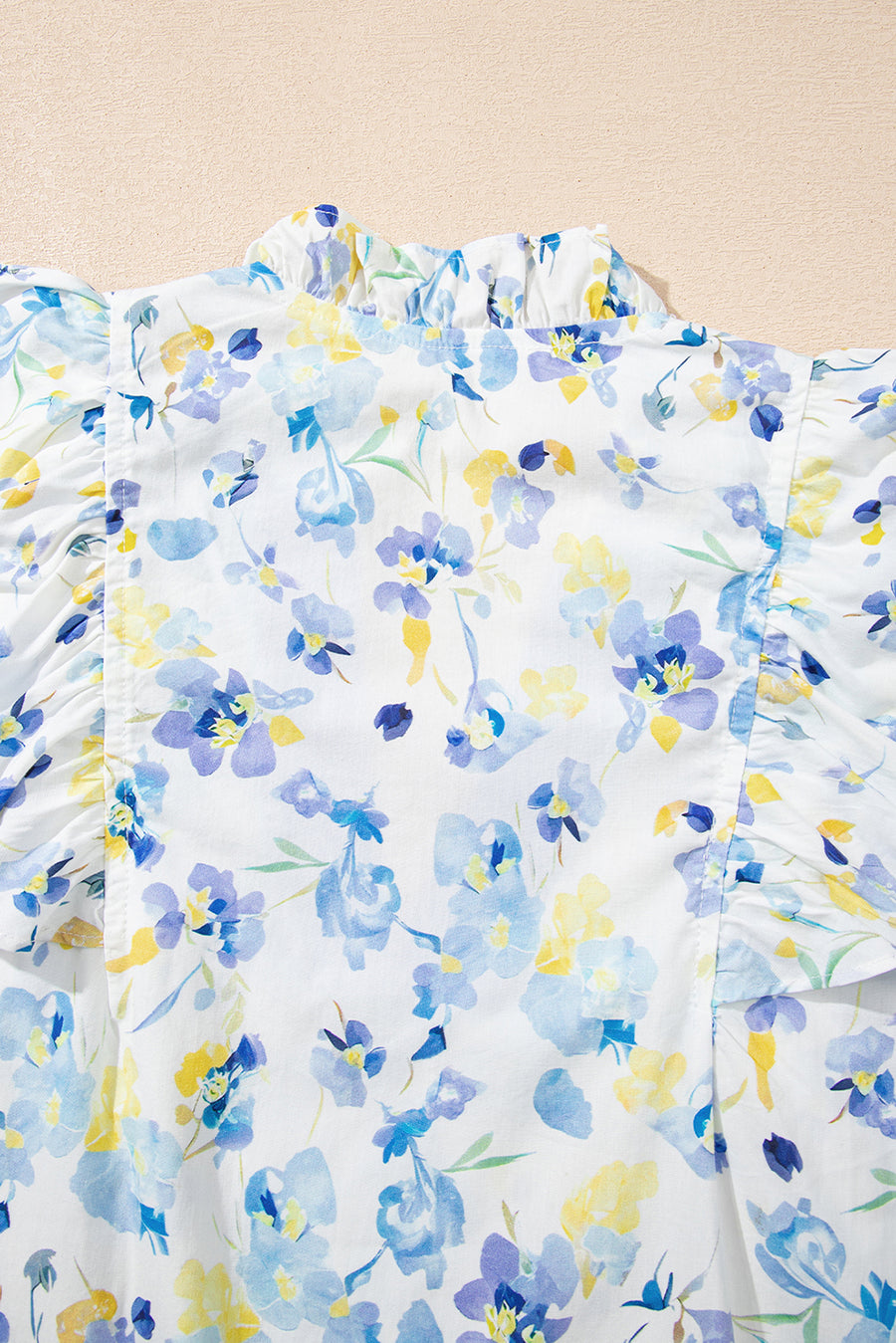 Blue Floral Frilled Notch Neck Ruffle Sleeve Blouse