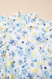 Blue Floral Frilled Notch Neck Ruffle Sleeve Blouse