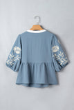 Myosotis Color Block Patchwork V Neck Embroidered Puff Sleeve Babydoll Blouse