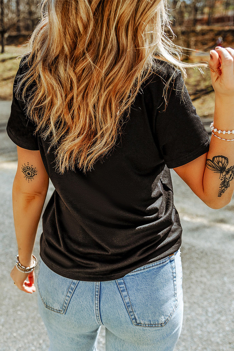Black  Boot Stitch Pattern Rhinestone Transfer Cotton Blend Tee