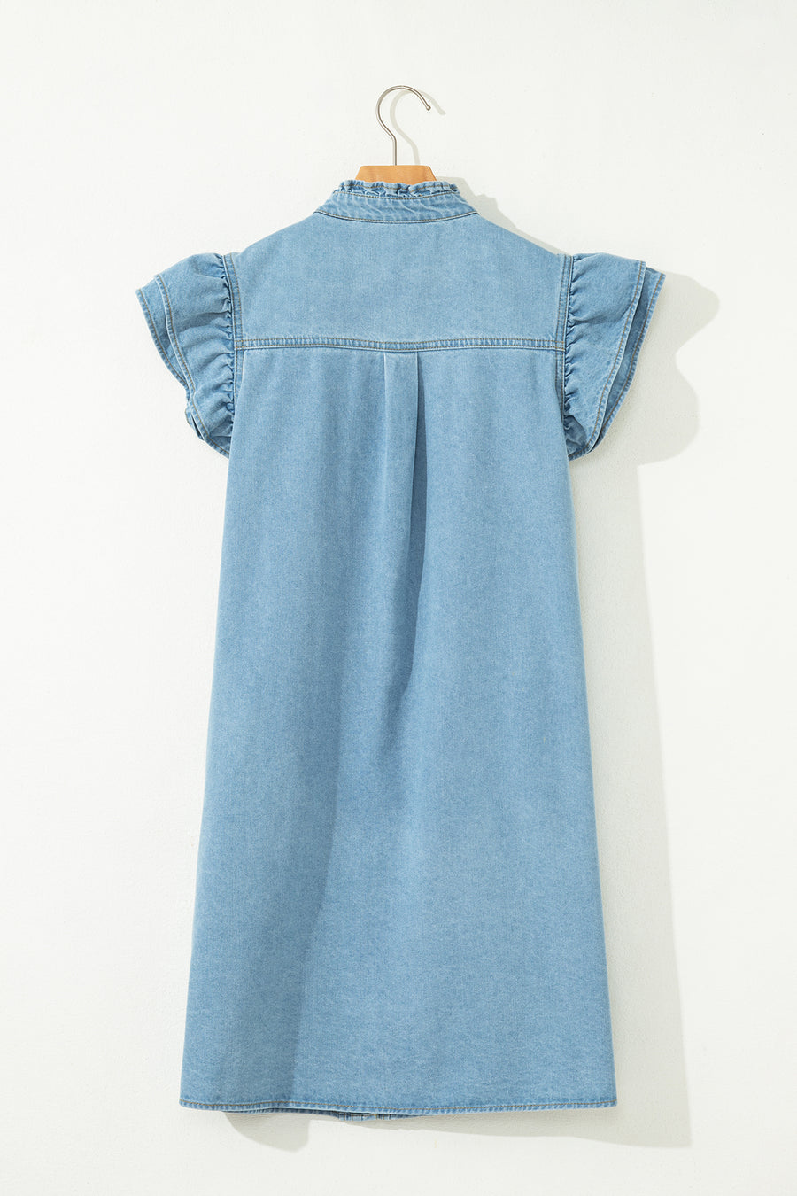Frill Neck Button-Up Ruffled Short Sleeve Denim Mini Dress- 2 Colors
