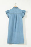 Frill Neck Button-Up Ruffled Short Sleeve Denim Mini Dress- 2 Colors