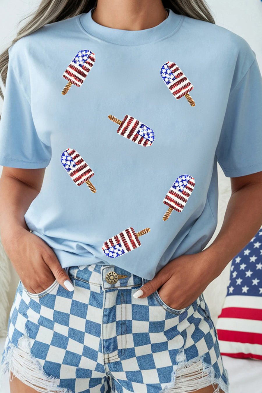 Light Blue American Flag Sequin Popsicle T-Shirt