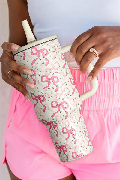 Pink & White Sparkly Bows & Hearts Print Tumbler Cup