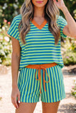 Striped Contrast Trim V-Neck T-Shirt and Drawstring Elastic Waist Shorts Set- 4 Colors