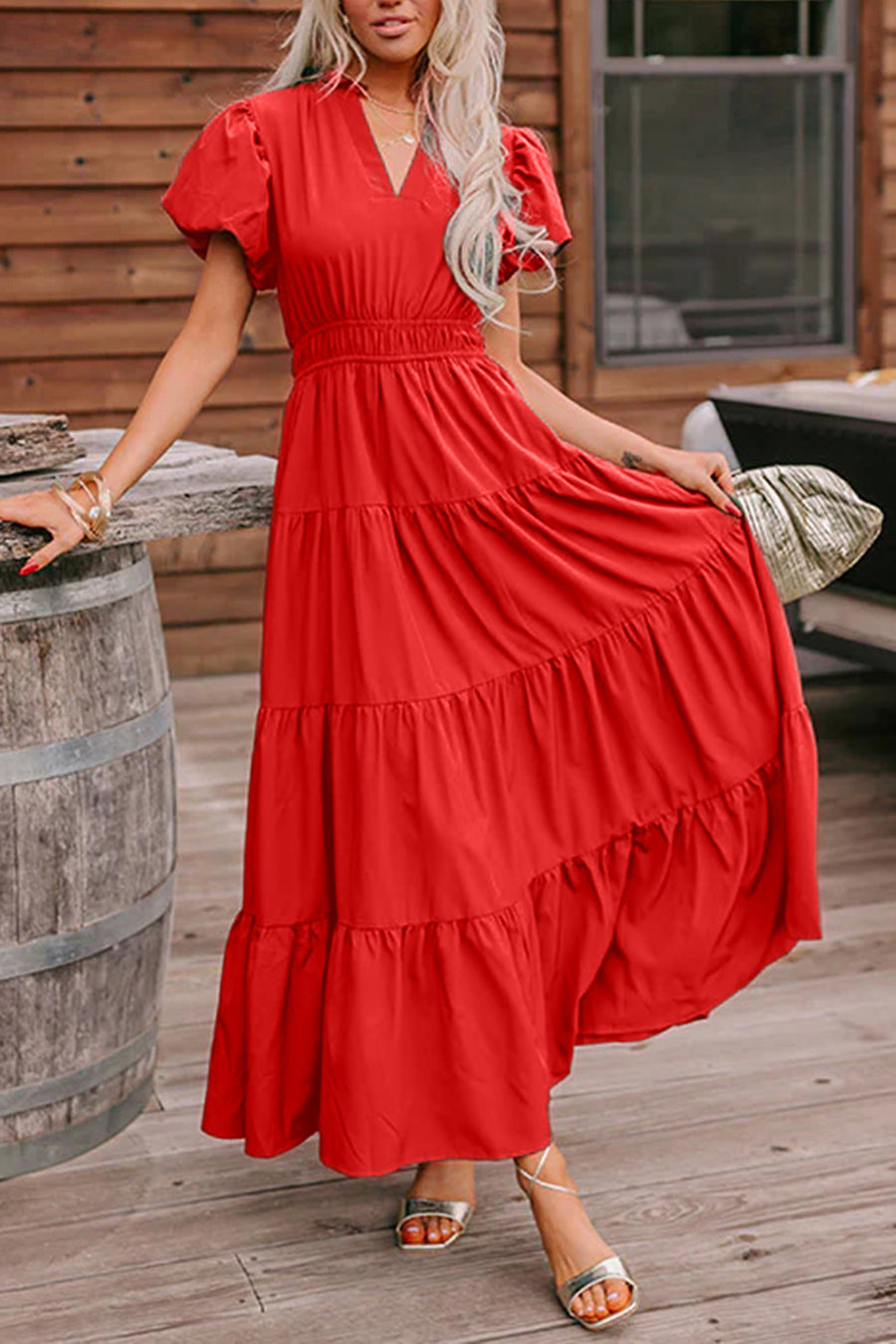 V-Neck Puff Sleeve High-Waist Tiered Maxi Dress- 3 Colors
