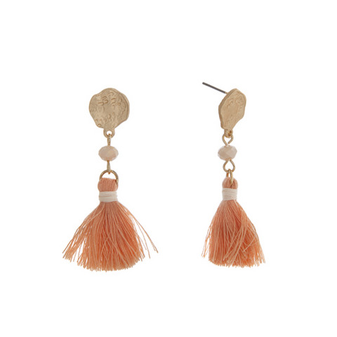 Matte Gold Tone Bead & Tassel Drop Earrings- Peach & Cream