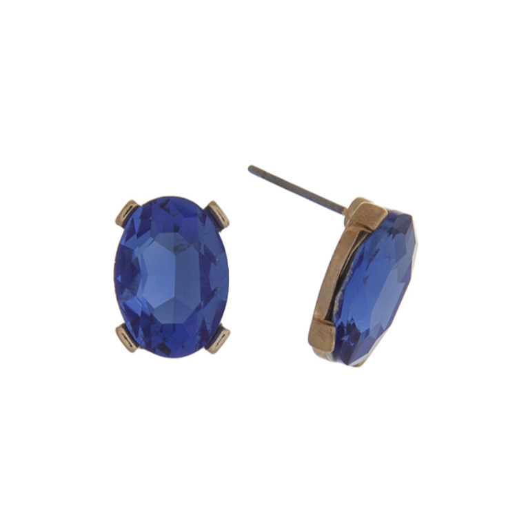 Gold Tone Oval Rhinestone Post Earrings- Sapphire