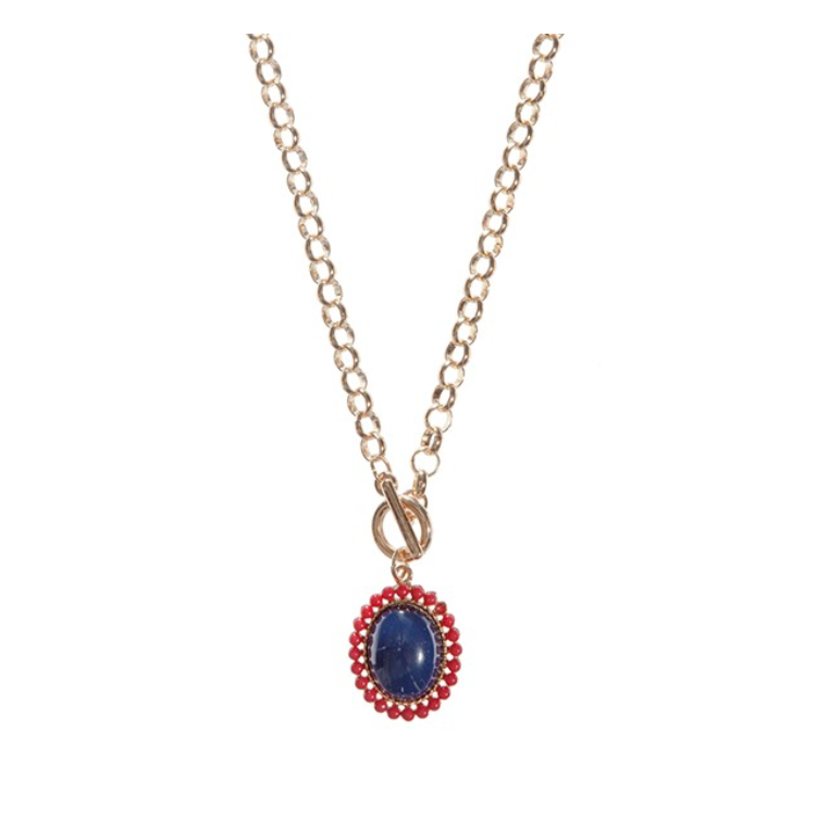 Gold Tone Chain Link Toggle Necklace with Pendant- Navy & Red