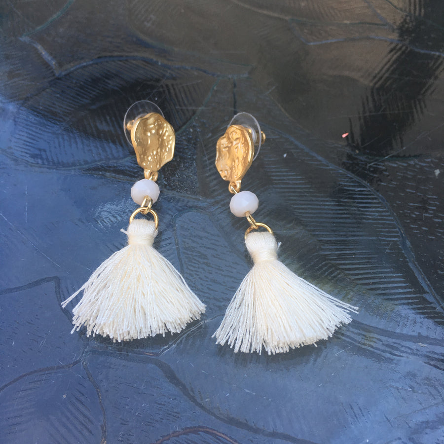 Matte Gold Tone Bead & Tassel Drop Earrings- Ivory