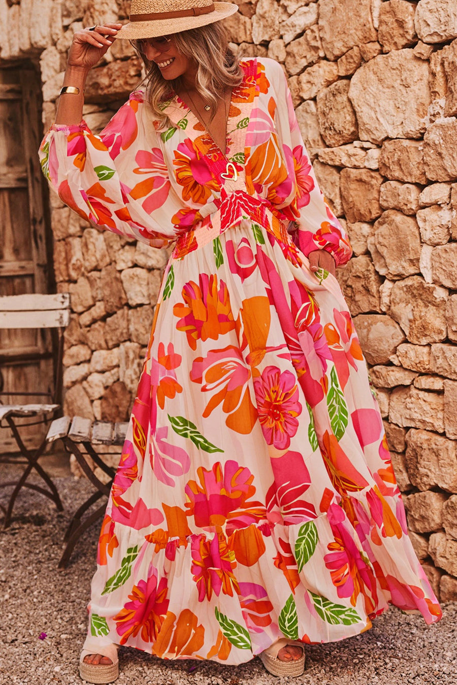 Fuchsia Multi Floral Shirred Long Sleeve Flowy Maxi Dress with Pockets