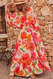 Fuchsia Multi Floral Shirred Long Sleeve Flowy Maxi Dress with Pockets