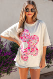 Pink Floral Patched Exposed Seam Oversized T-Shirt- 2 Colors