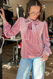 Dusty Pink Velvet Long Sleeve Bow Neck Blouse