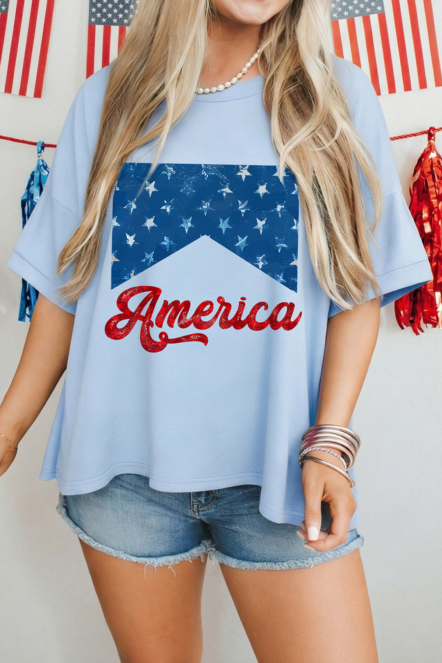 Light Blue America Star Print Relaxed Fit Graphic T-Shirt