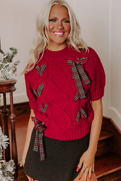 Plaid Lace-Up Puff Short Sleeve Sweater- 2 Colors
