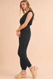 Black Shirred High-Waist V-Neck Sleeveless Jumpsuit