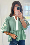 Myosotis Color Block Patchwork V Neck Embroidered Puff Sleeve Babydoll Blouse