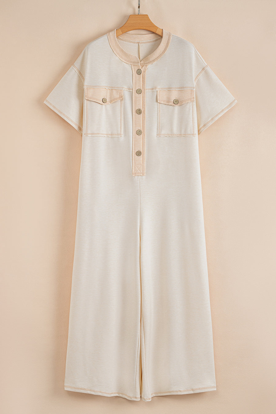 Button-Up Patchwork Pocket Short Sleeve Jumpsuit