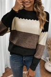 Color Block Crew Neck Drop Shoulder Scallop Detail Sweater- 3 Colors