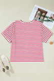 Plus Size Red Striped Scalloped Trim Crew Neck Short Sleeve T-Shirt