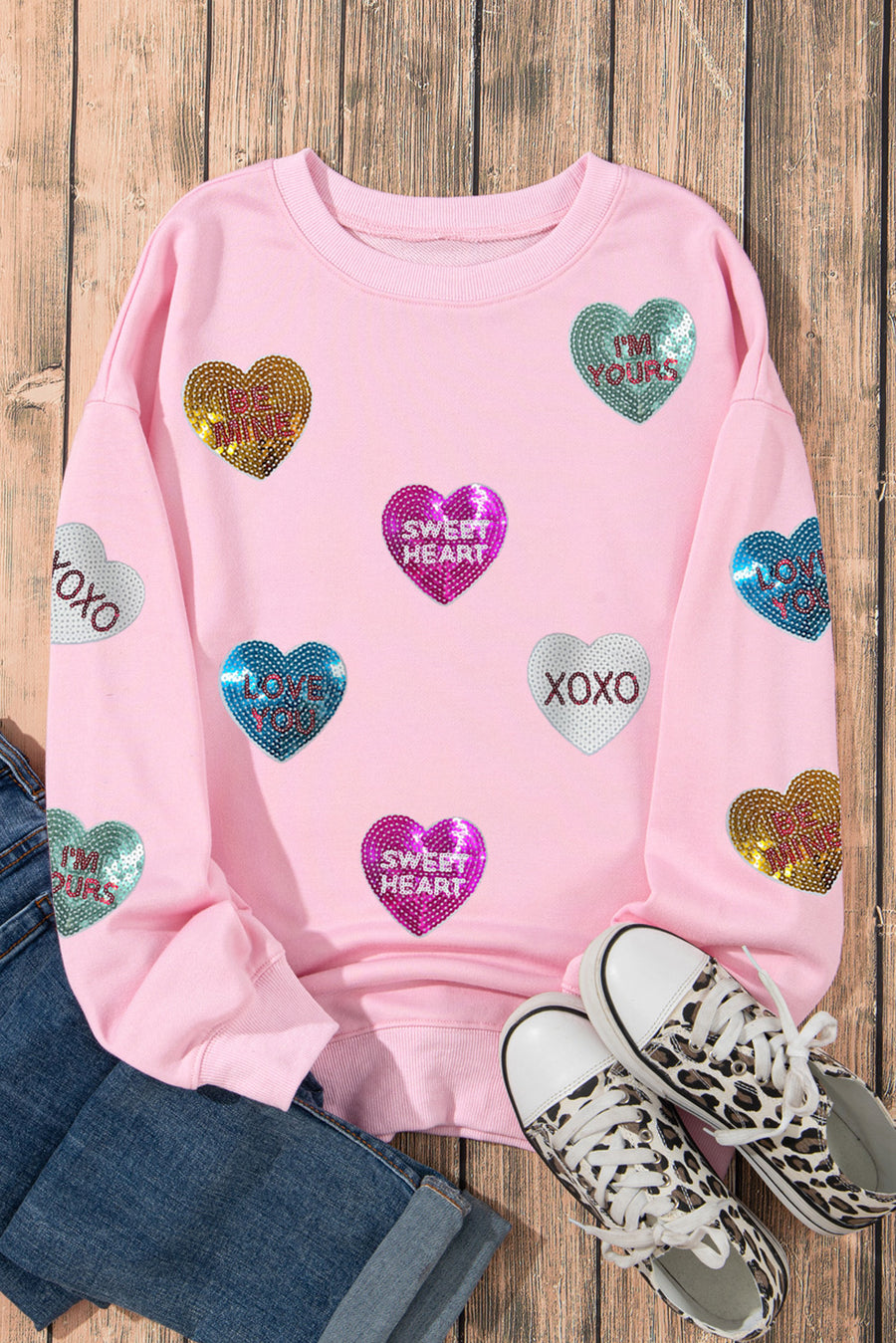Pink Sequin Hearts Patchwork Drop Shoulder Crew Neck Sweatshirt 2