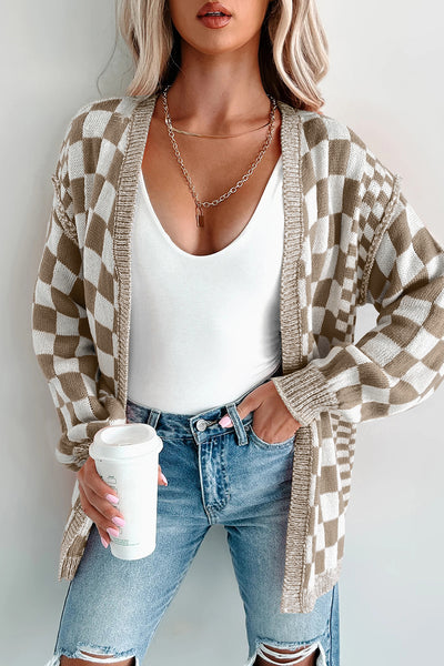 Black Checkered Open Front Drop Shoulder Cardigan