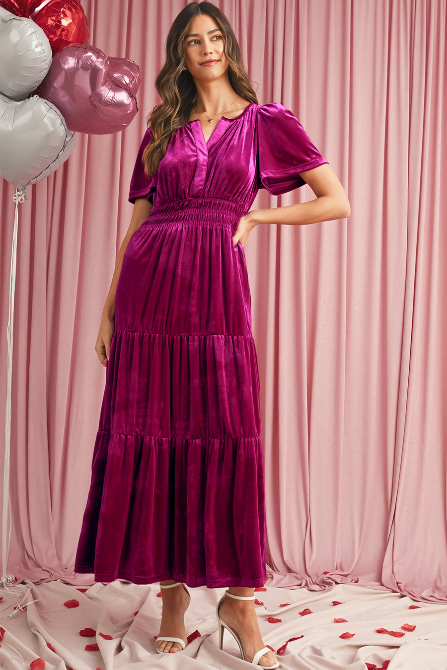 Velvet Puff Short Sleeve Smocked Waist Tiered Maxi Dress with Pockets- 3 Colors