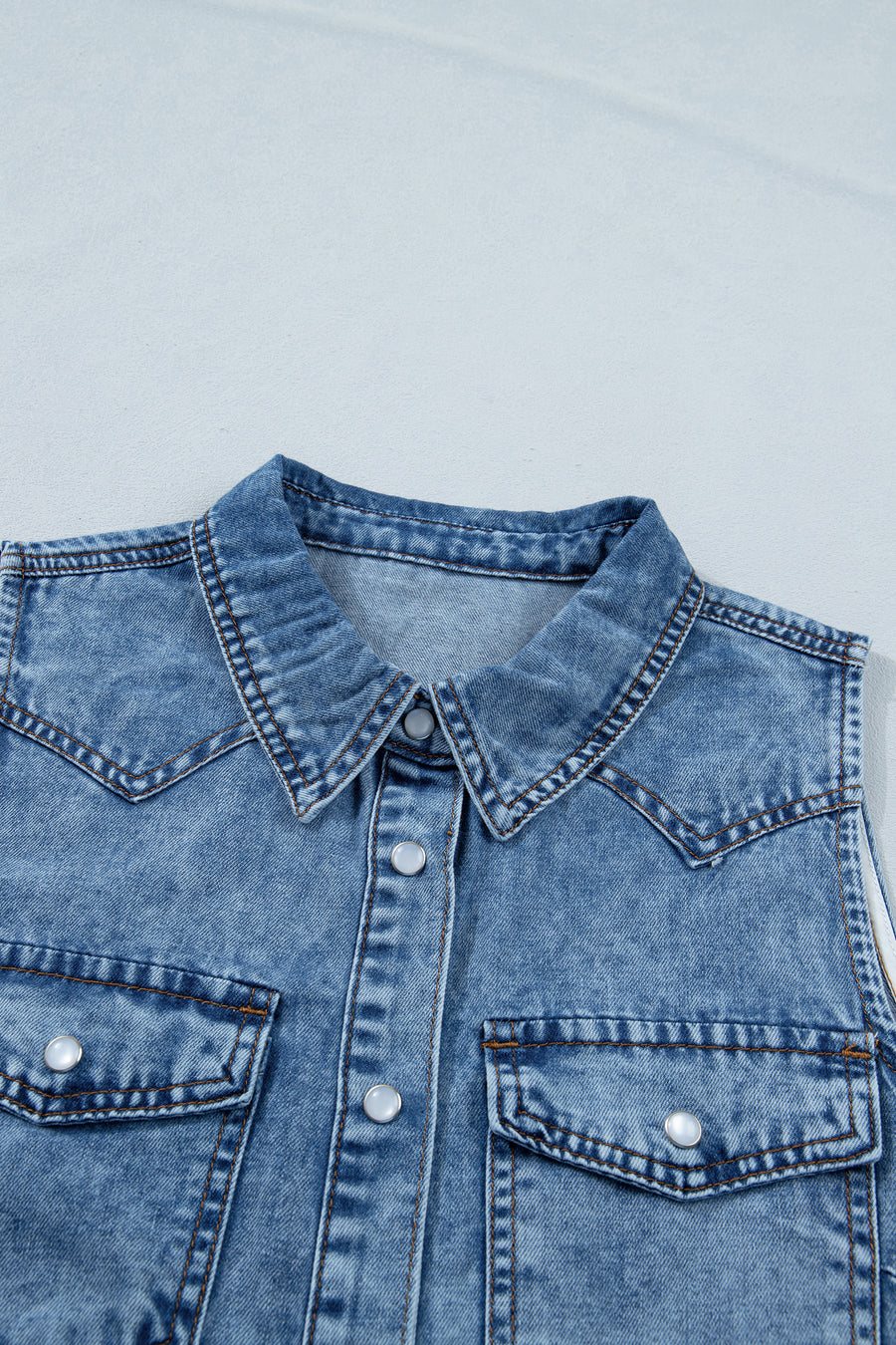 Dusk Blue Button-Up Collared Sleeveless Denim Shirt