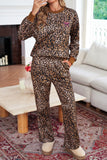 Leopard Print & Embroidered Bow Long Sleeve Top and Pants Set