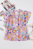 Pink Flutter Sleeve Frill V Neck Floral Top