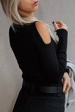 Black Ribbed Knit Cold Shoulder Plain Sweater