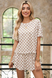 Brown Checkerboard T Shirt and High Waist Skort Set