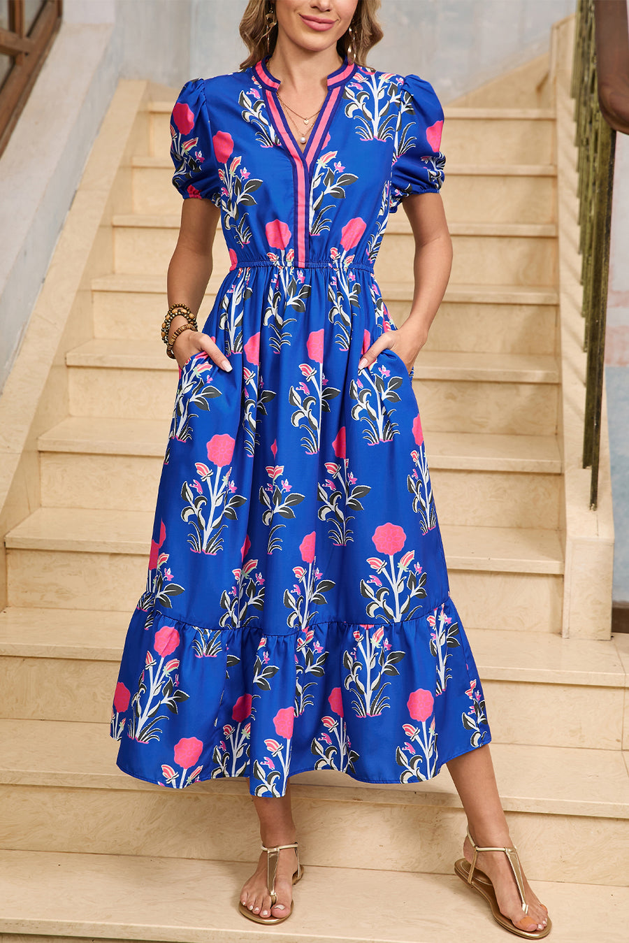 Floral Ruffle Hem Contrast Trim Neckline Midi Dress- 3 Colors