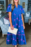 Blue Floral Print Notched Neck Flounce Sleeve Maxi Dress with Pockets- 2 Colors