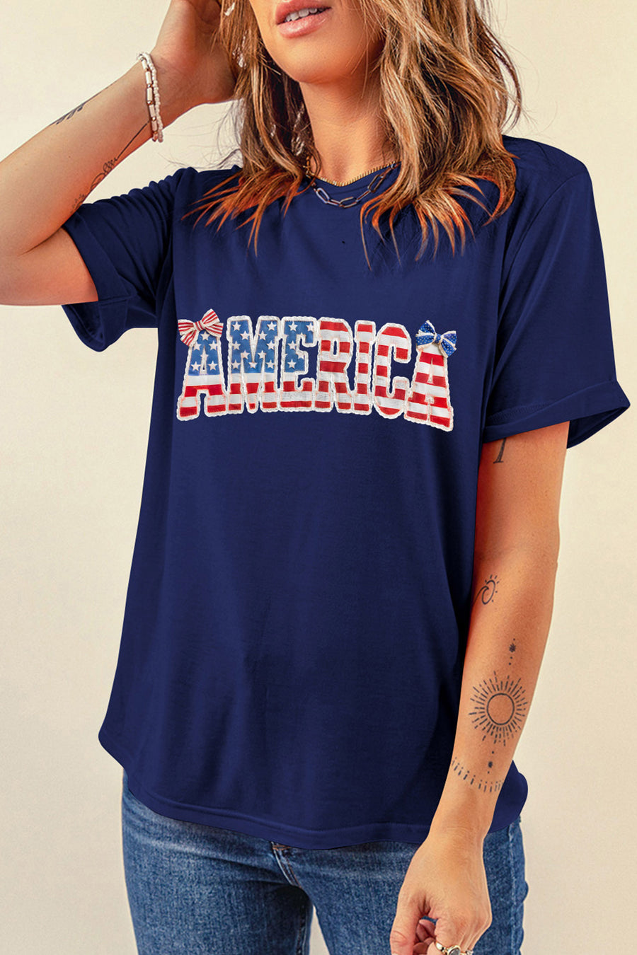 Navy Blue Coquette Bows America Short Sleeve Graphic T-Shirt