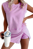 Yellow Cream Solid Color Washed Sleeveless Top Split Skort Cotton 2pcs Outfit