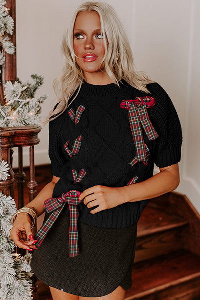 Plaid Lace-Up Puff Short Sleeve Sweater- 2 Colors