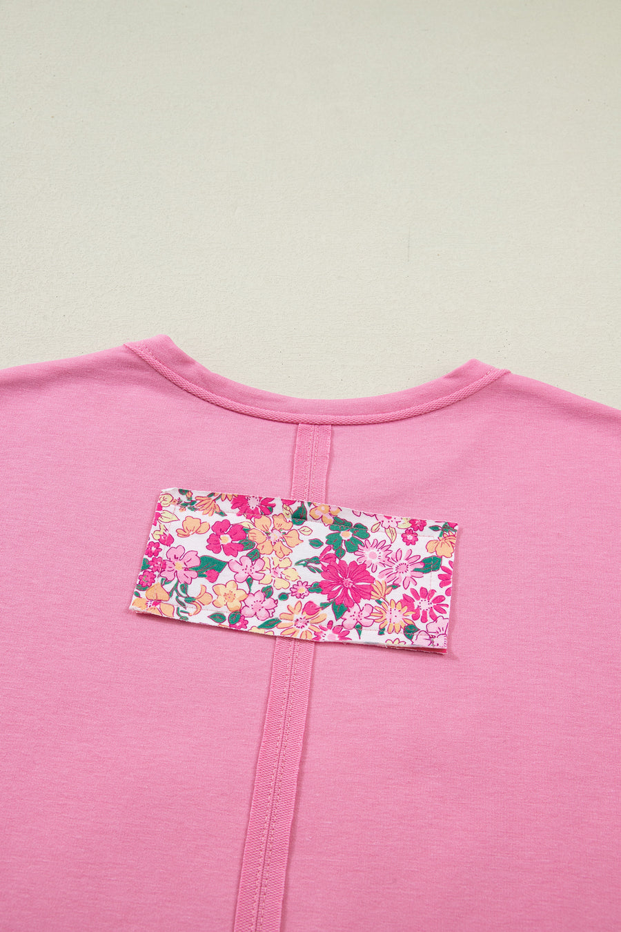 Pink Floral Patched Exposed Seam Oversized T-Shirt- 2 Colors