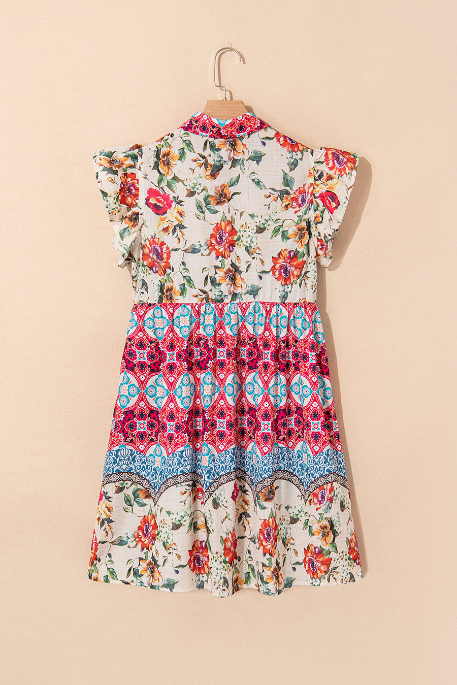 Multicolored Bohemian Floral Collared Ruffle Sleeve Button-Up Mini Dress