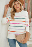 Multicolored Striped Ribbed Trim Crew Neck Sweater- 2 Colors