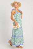 Pink Geometric Floral Print Striped Patchwork Detail Sleeveless Dress（Runs Small ）