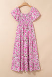 Pink Floral Smocked Puff Sleeve Flowy Midi Dress