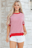 Red Striped Drop Shoulder Banded Short Sleeve T Shirt