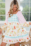 Pink Boho Floral and Plaid Patchwork Ricrac Lantern Sleeve Dress