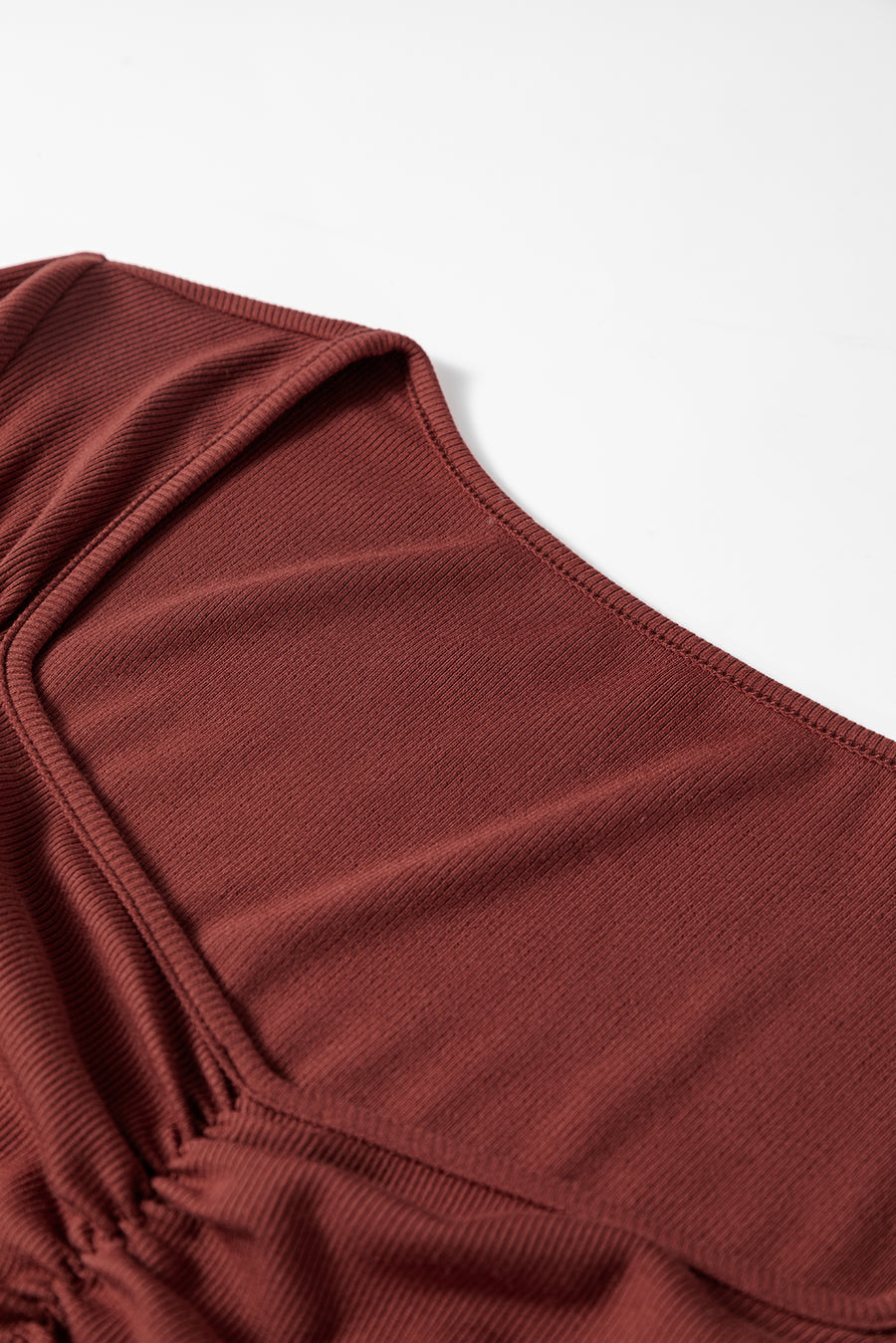 Burgundy Ruched Sweetheart Neck Ribbed Long Sleeve Top