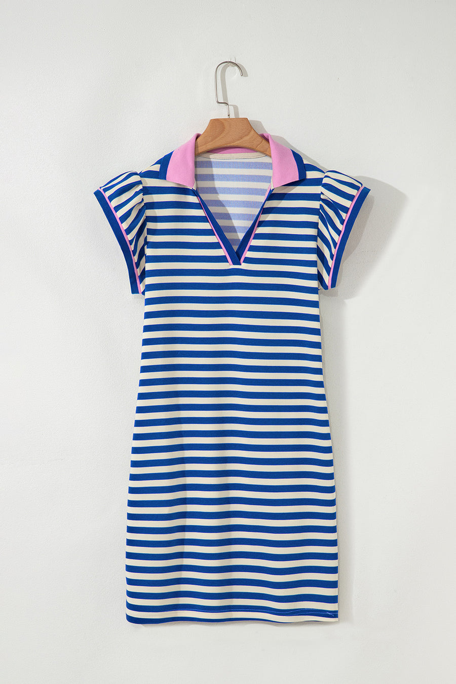 Striped Ruffle Short Sleeve Contrast Neckline Mini Dress- 3 Colors