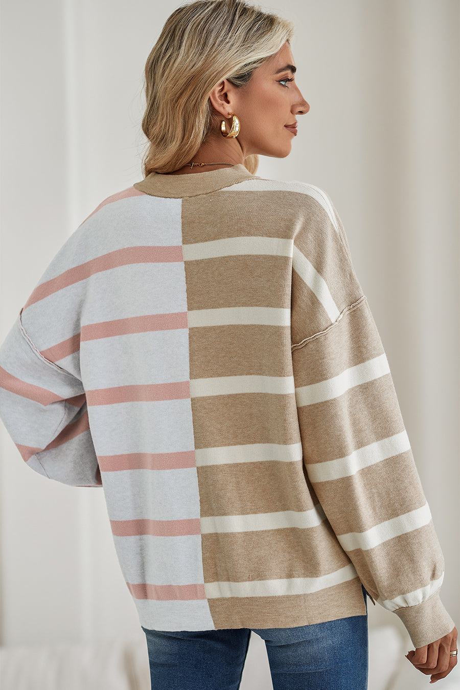 Striped Exposed Seam Patchwork Loose Fit Sweater- 4 Colors